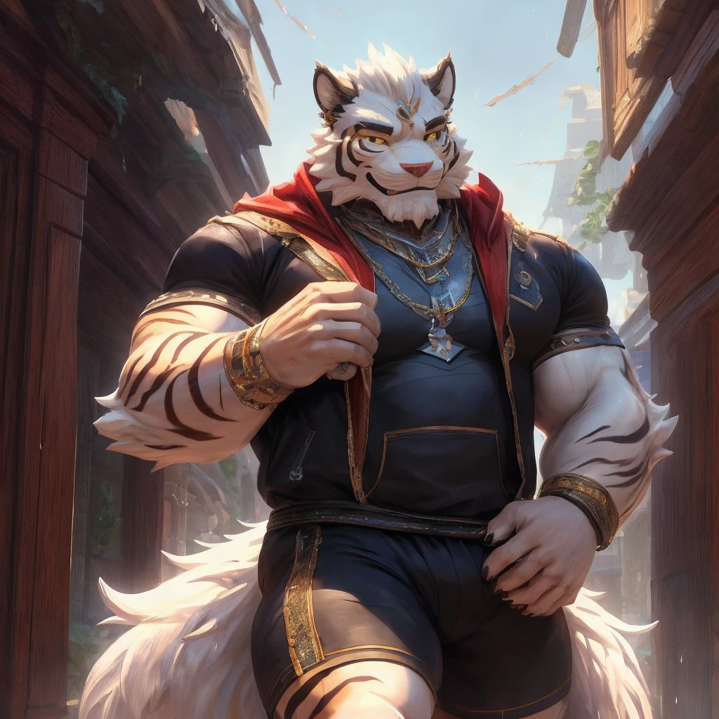 (masterpiece),(Very detailed),(best quality),8K,(high quality),(Ultra high quality),(Very detailed),solitary,Break,tiger,Hairy body,Furry Characters,White sweatshirt,Black shorts,Best image quality,A kind smile,Father role,Eye details,Shrugging ears,Airplane ears,Rainy Day,Gloomy sky,Middle-aged and elderly people,Tiger-type orcs,masterpiece,Fluffy tail,Detailed facial details with legs spread,male, ((The body is covered with thick white liquid)),muscular,((Convex,Convex,Convex起,big))