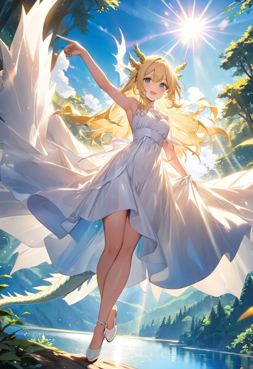 Beautiful blonde woman in a sexy long white dress。ride a flying dragon。One hand raised and pointing。Deep forest and lake below。blue sky。Sun rays flare。