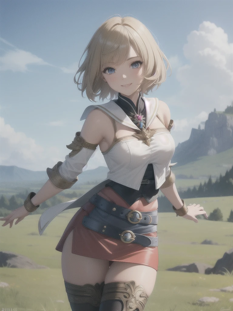 masterpiece, best quality, absurdres, perfect anatomy, 1girl, solo, Ashelia, short hair, AsheliaOutfit, miniskirt, thighhighs, jewelry, belt, standing, cowboy shot, smile, dynamic pose, dynamic angle, outdoors, plains, hills, (fashion model pose)