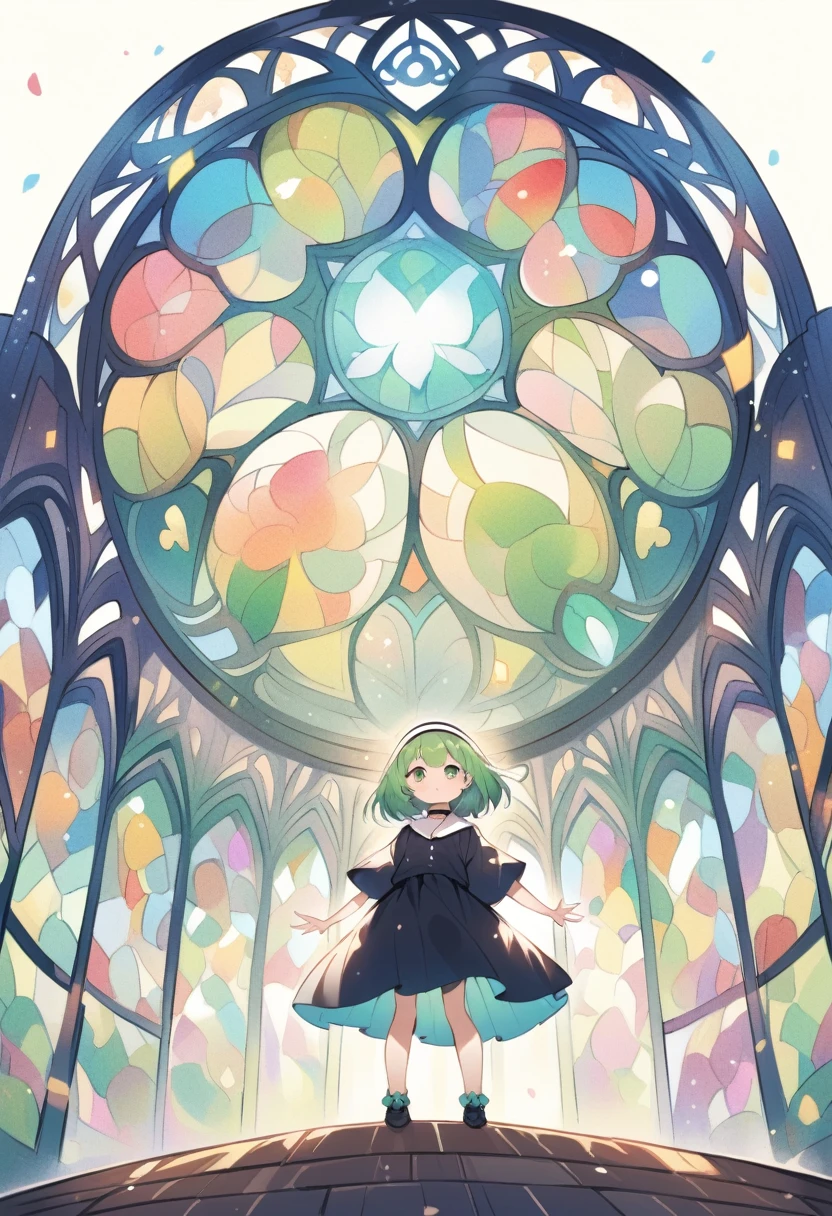 (loli:1.4),(little female child:1.4), cute face, 6 years old,kawaii, (highlight on eyes:1.1), small breast, (jiggly:0.8), shiny skin,(mini girl:1.5),
BREAK 
(green maro eyebrows:1.3), :<, (jitome:1.1),pouty and slightly grumpy,(medium green hair:1.2),pout,disgusted eyes, green eyes, puffy eyes,
BREAK
breathtalking Scenery, breathtalking Beauty, breathtalking Cute,scenery, (best quality, masterpiece:1.2), (ultra high quality:1.2),smooth soft skin, natural skin,watercolor,
BREAK
floral point black nun dress, nun veil,choker,excessive detailed collarbone,bare collarbone, long hem,wide shot,long shot,dynamicangle,
BREAK
(multi-layered flower shaped stained glass),(stain glass inspired by leaf mark), (rose shaped stained glass),(music note effect fused with stained glass),(heart shaped Church windows),nature theme,(Giant stained glass leaf),(Multiple stained glass musical note),Atrium structure,ceiling,tiffany,dust particles,