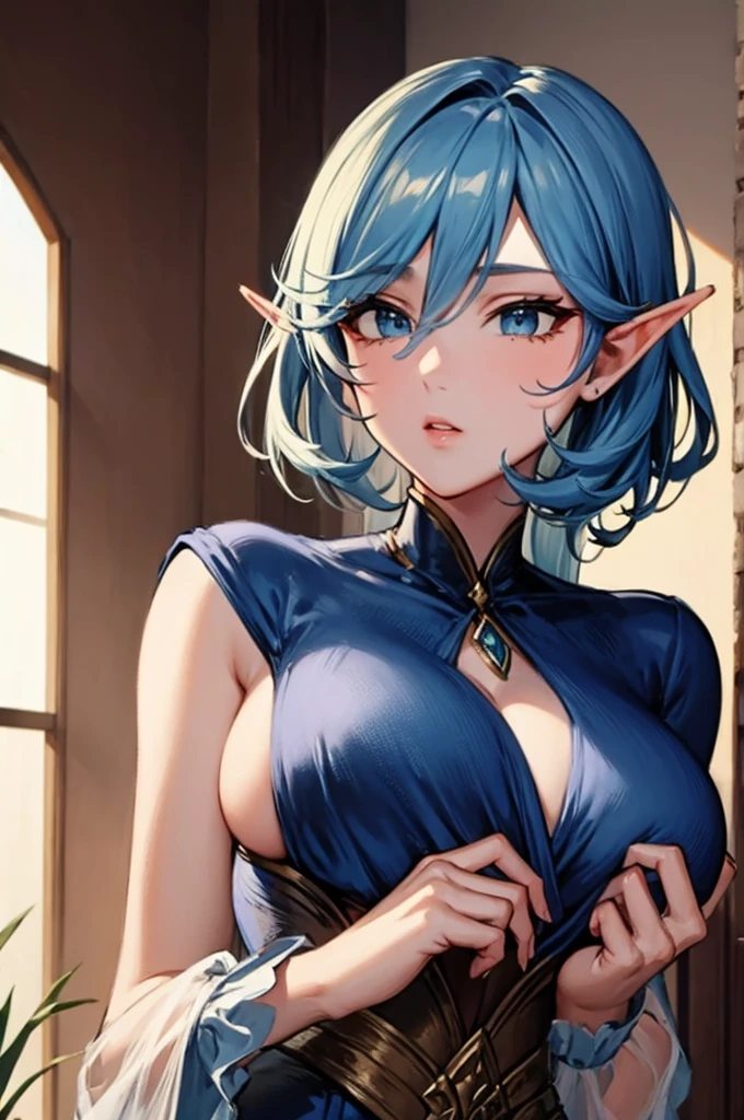 masterpiece, beautiful face, Royal advisor, blue noble dress, long light blue hair, elf, beautiful, big breasts, amber eyes
