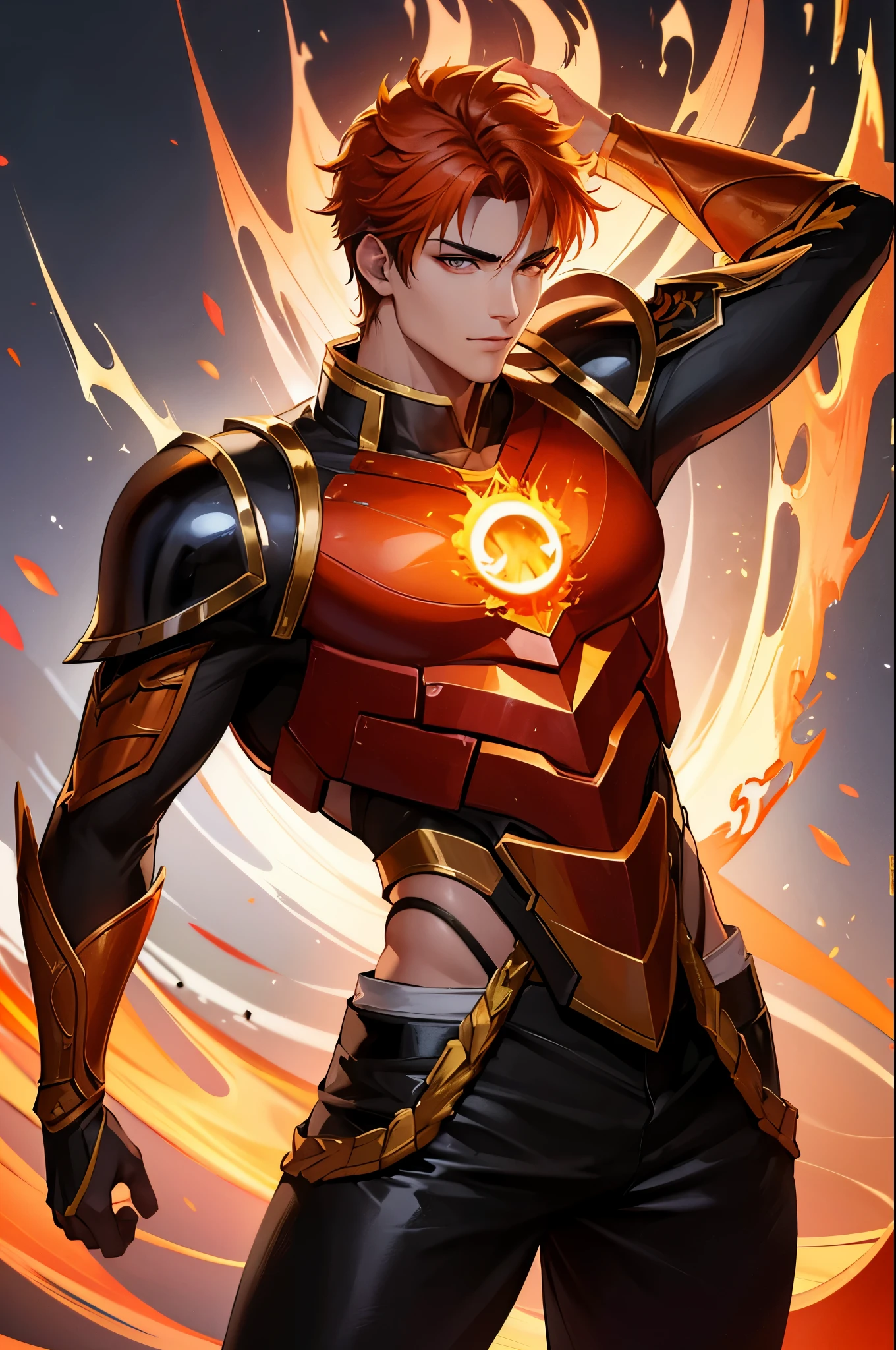 8K,A very young boy, the God of Fire, clothed in the energy of a 16-year-old.,Super handsome(Like the real thing),He looks at the audience with a fearless smile.,Orange Hair,Orange Flame Armor(Fire God Crest),Orange Flame Gauntlet(Fire God Crest),Orange Flame Leg Guards(Fire God Crest),Dark and desolate land,Photorealistic RAW photos of the highest quality。Bright colors,Rich colors, Backlight, Cinema Lighting, Film Grain, 50mm lens, Nikon D850,Realistic Skin,Fantasy art,Character Art,Ultra-high resolution,Realistic Skin,Extremely strong and defined abs,bulging muscles,A 16-year-old boy who is the god of fire,Golden Eyes,Black Flame God Outfit(Orange flame emblem filigree),
