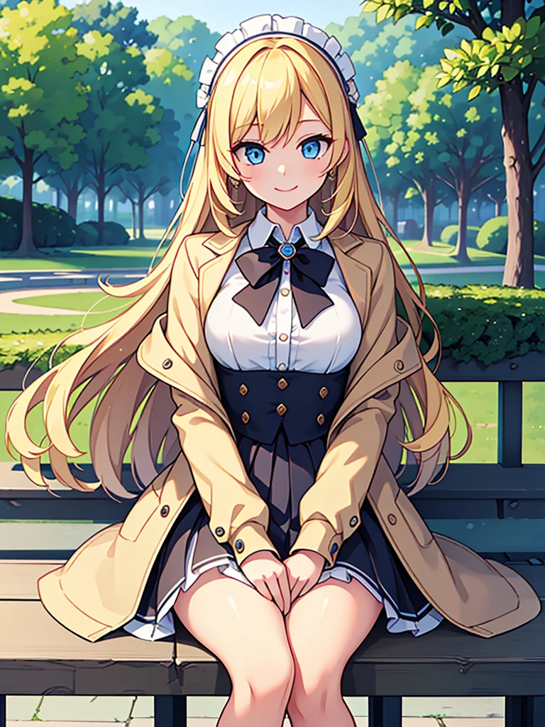 masterpiece, Highest quality, One girl, beautiful, Are you okay, delicate, Very complicated, detailed, Blonde, Jacket, blue eyes, ((masterpiece)), extremely detailed, Highest quality, High resolution, ((at the park)), Bridget, smile,  