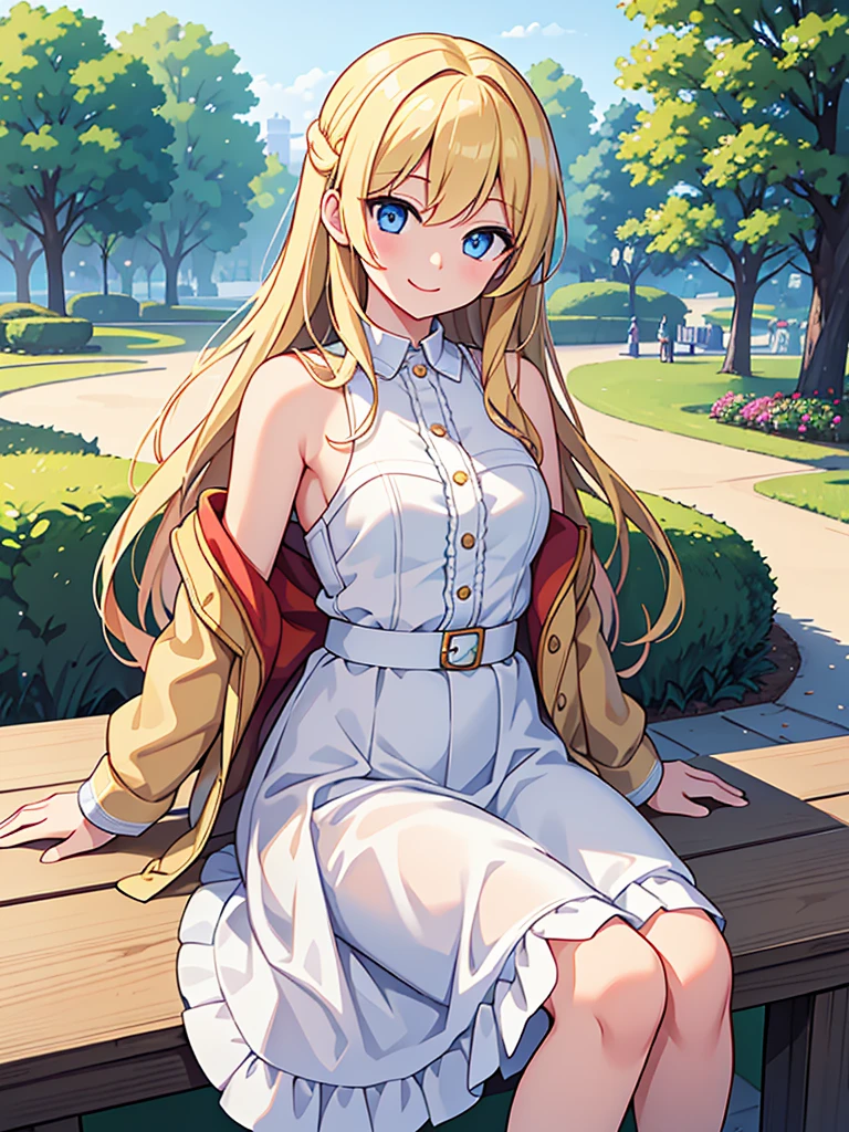 masterpiece, Highest quality, One girl, beautiful, Are you okay, delicate, Very complicated, detailed, Blonde, Jacket, blue eyes, ((masterpiece)), extremely detailed, Highest quality, High resolution, ((at the park)), Bridget, smile,  