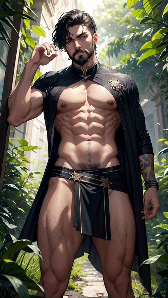 Poseidon Knife,a Greek god with dark hair and beard and some gray hairs,He has a tridnet in his hands,high evening,stark,full of thick and huge muscles,male from male,with only a loincloth covering their ???????? and wearing ancient Greco-Roman robes, he will be watching the goddess Demeter,A GREEK GODDESS, with blond hair,beautiful face and body and green Greco Roman costumes that leave her body semi ?????,Posseidon would be trying to grab Denter and she would be trying to escape from Posseidon, the two of them are in a forest with Greco Roman architecture