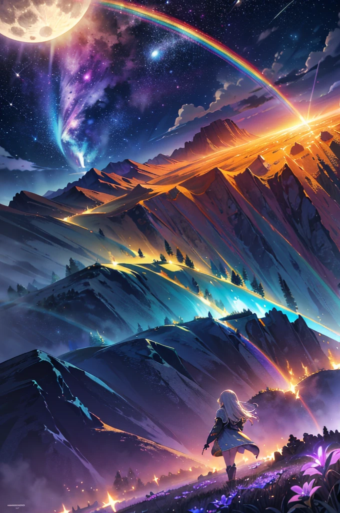 Vast landscape photography , A view from below, with the sky above and the wide fields below, A girl with silver long hair standing in a flower field looking up, (full moon:1.2), ( shooting star:0.9), (nebula:1.3), Distant Mountain, Treebreak Production Art, (Warm light source:1.2), lamp, Lots of purple and orange, Intricate details, Volumetric lighting, realism (masterpiece:1.2), (Highest quality), 4K, Super detailed, (Dynamic configuration:1.4), Very detailed, Colorful details,( Rainbow-colored:1.2), (Shining Lights, Atmospheric lighting), dream-like, (alone:1.2) Focus on background