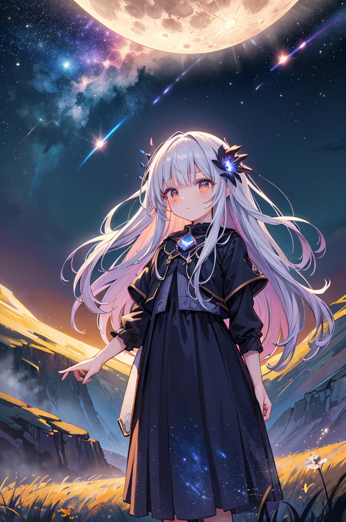 Vast landscape photography , A view from below, with the sky above and the wide fields below, A girl with silver long hair standing in a flower field looking up, (full moon:1.2), ( shooting star:0.9), (nebula:1.3), Distant Mountain, Treebreak Production Art, (Warm light source:1.2), lamp, Lots of purple and orange, Intricate details, Volumetric lighting, realism (masterpiece:1.2), (Highest quality), 4K, Super detailed, (Dynamic configuration:1.4), Very detailed, Colorful details,( Rainbow-colored:1.2), (Shining Lights, Atmospheric lighting), dream-like, (alone:1.2) Focus on background