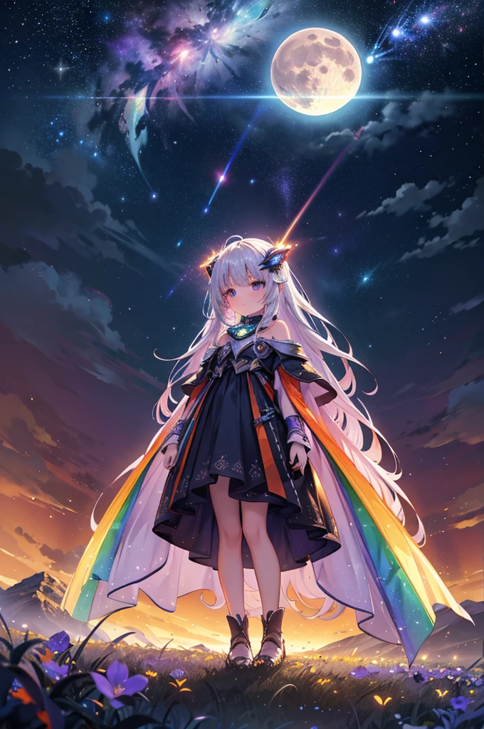 Vast landscape photography , A view from below, with the sky above and the wide fields below, A girl with silver long hair standing in a flower field looking up, (full moon:1.2), ( shooting star:0.9), (nebula:1.3), Distant Mountain, Treebreak Production Art, (Warm light source:1.2), lamp, Lots of purple and orange, Intricate details, Volumetric lighting, realism (masterpiece:1.2), (Highest quality), 4K, Super detailed, (Dynamic configuration:1.4), Very detailed, Colorful details,( Rainbow-colored:1.2), (Shining Lights, Atmospheric lighting), dream-like, (alone:1.2) Focus on background