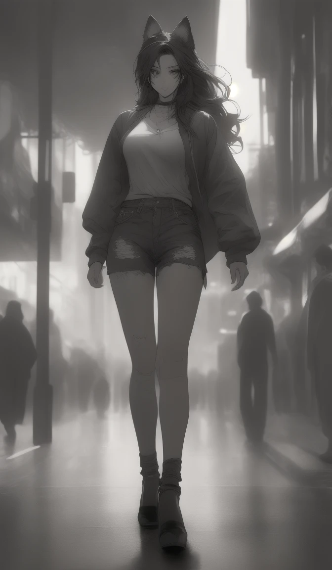 photo realism anime style Yusuke murata art with a big red wolf at his side Goddess phoenix girl chunli + Sakura perky breasts with cropped wavy hair v-cut dress v-cut ripped jeans wearing high heels walking on a dark gloomy street scared style photo realism, fully detailed drawing in black and monochrome bench and only the eyes in strong red