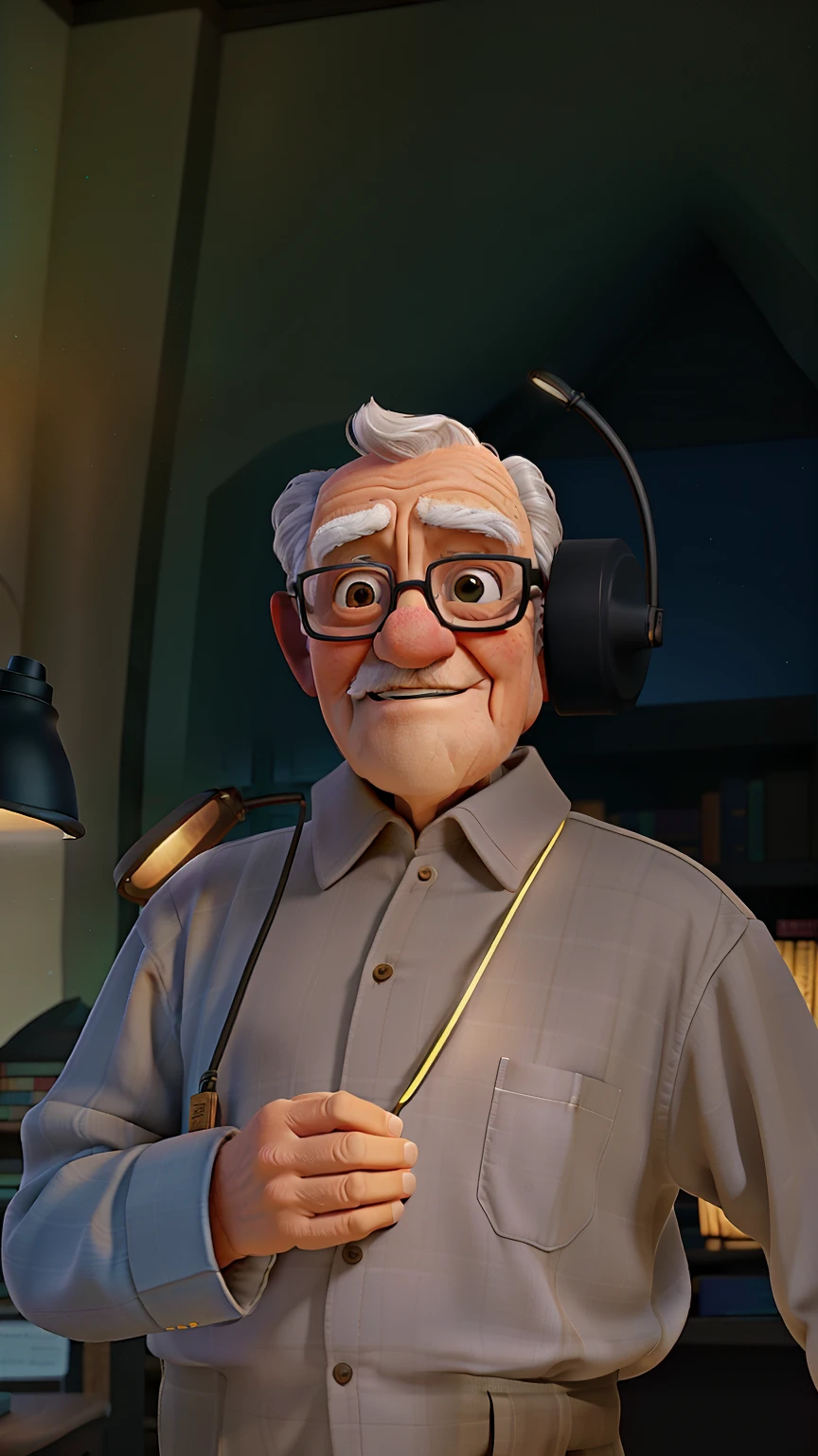 A wise old man standing in front, illuminated by the light of a lamp, against the backdrop of a library