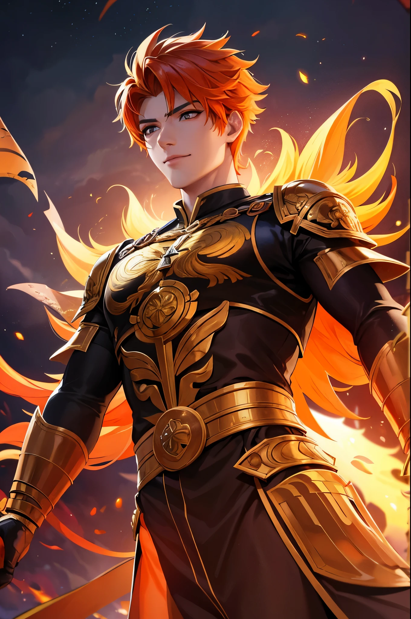 8K,A very young boy, the God of Fire, clothed in the energy of a 16-year-old.,Super handsome(Like the real thing),He looks at the audience with a fearless smile.,Orange Hair,Orange Flame Armor(Fire God Crest),Orange Flame Gauntlet(Fire God Crest),Orange Flame Leg Guards(Fire God Crest),Dark and desolate land,Photorealistic RAW photos of the highest quality。Bright colors,Rich colors, Backlight, Cinema Lighting, Film Grain, 50mm lens, Nikon D850,Realistic Skin,Fantasy art,Character Art,Ultra-high resolution,Realistic Skin,Extremely strong and defined abs,bulging muscles,A 16-year-old boy who is the god of fire,Golden Eyes,Black Flame God Outfit(Orange flame emblem filigree),