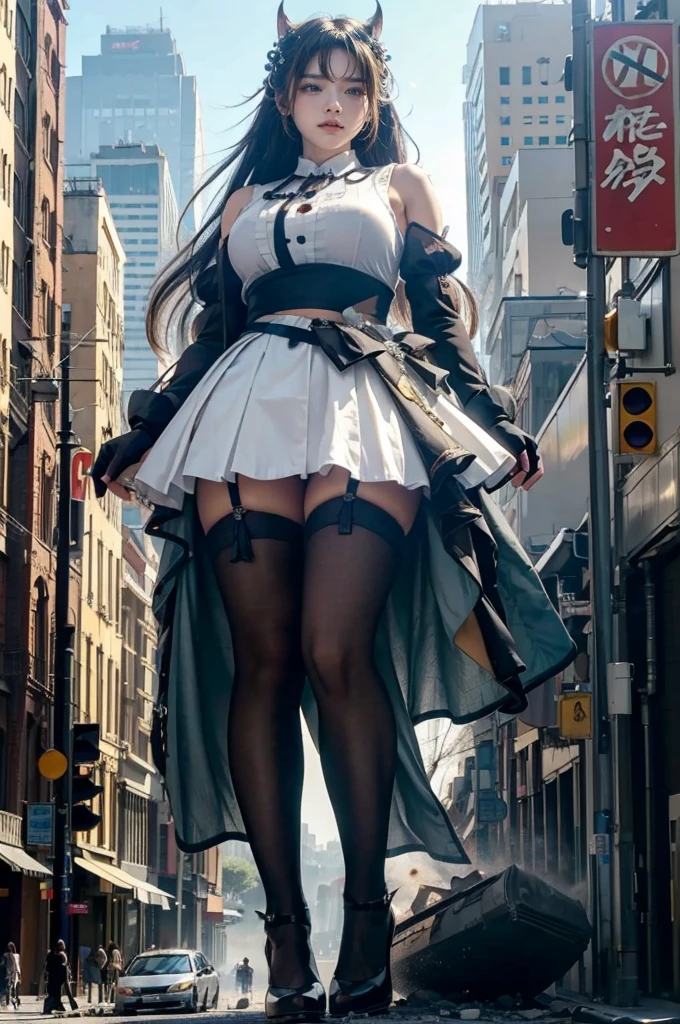 The building collapses、Urban hustle and bustle、Traffic jam、City of Rubble、street tree、((((Azur Lane Cheshire Cosplay))))、Frilled maid outfit、Super huge breasts、Plump thighs、Ground View,City of Giants,500 foot tall giant girl,skyscraper,Has super long legs,Step into the crowd,There are many people on the street,Knee-high socks,She has waist-length black hair,Wear Mary Jane heels,A happy look,Standing on the ruins,Beautiful appearance,Exquisite makeup,quality,8K,高quality,Perfect Proportions, Cinema Lighting,Film Grain,The Colors of Fuji,8K,Textured skin,Super Detail,High detail,high quality,High resolution,explode,False Smile,Show your pants