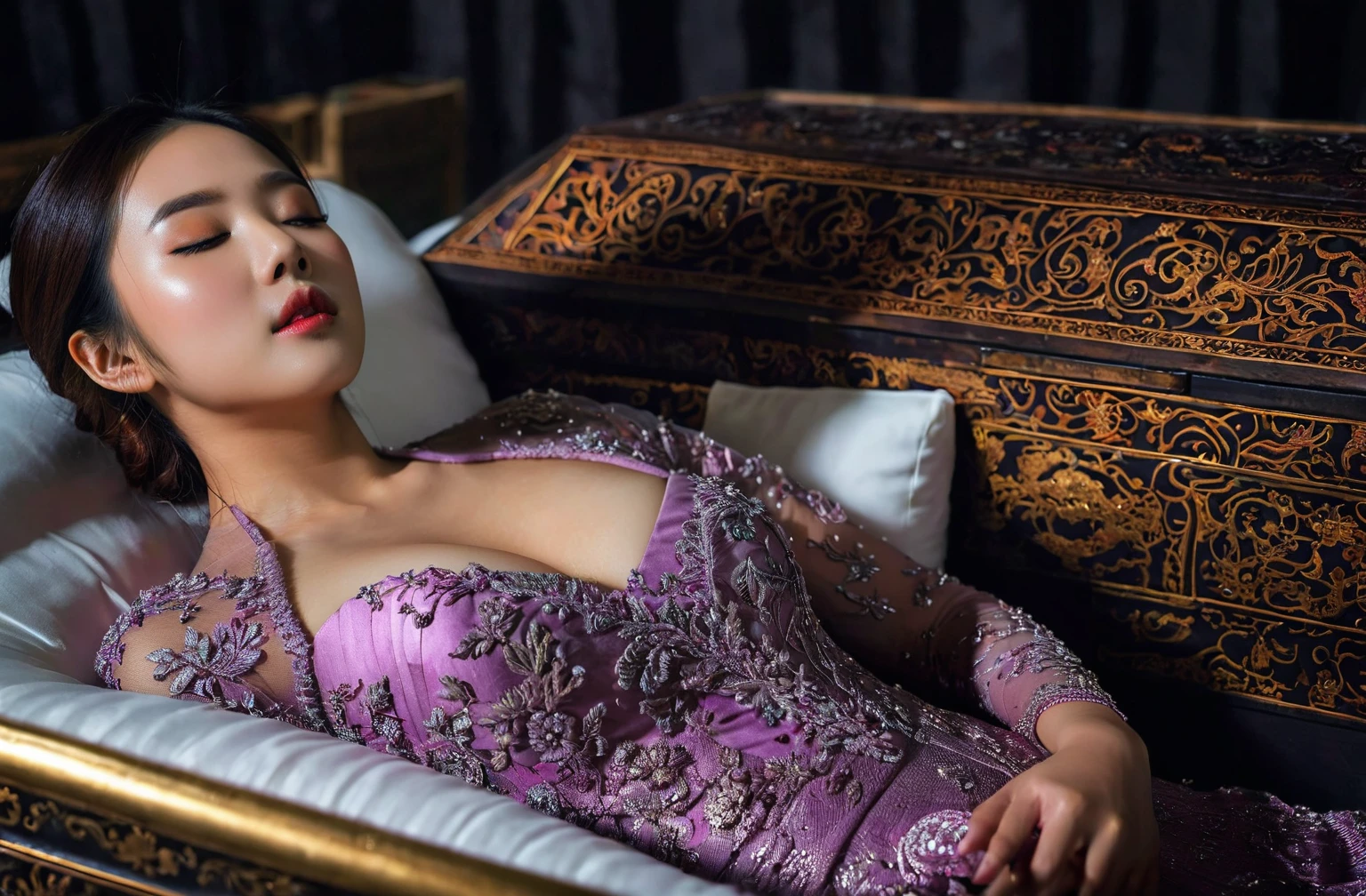 In a striking 8K HDR scene, a stunning Korean woman, 22 years old, lies peacefully in a black coffin surrounded by plush pillows. The deep box is set against a rich black background, accentuating the beauty of the subject. Her exquisite kebaya with sleeve attire is embroidered with superb detail, showcasing her round and firm breasts, perfect cleavage, and beautiful eyebrows. Her closed eyes and mouth give an air of serenity, while her visible and absolute cleavage leave nothing to imagination. The scene is bathed in saturated colors, highlighting every intricate aspect from the ball skirt to her clean face, straight body, detailed hand perfect hands, straight body.