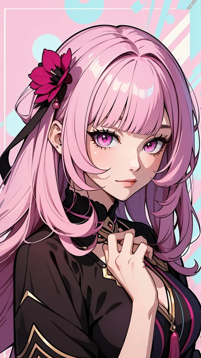 Masterpiece, top quality, one girl, alone, looking at viewer, bangs, elisia, honkai impact, pink hair, pink eyes, long hair, manicure, hair ornament, holding up hand, flower, blunt bangs, closed mouth, tassel, portrait, colorful, red background, ruffles, multi colored hair, upper body, nails
