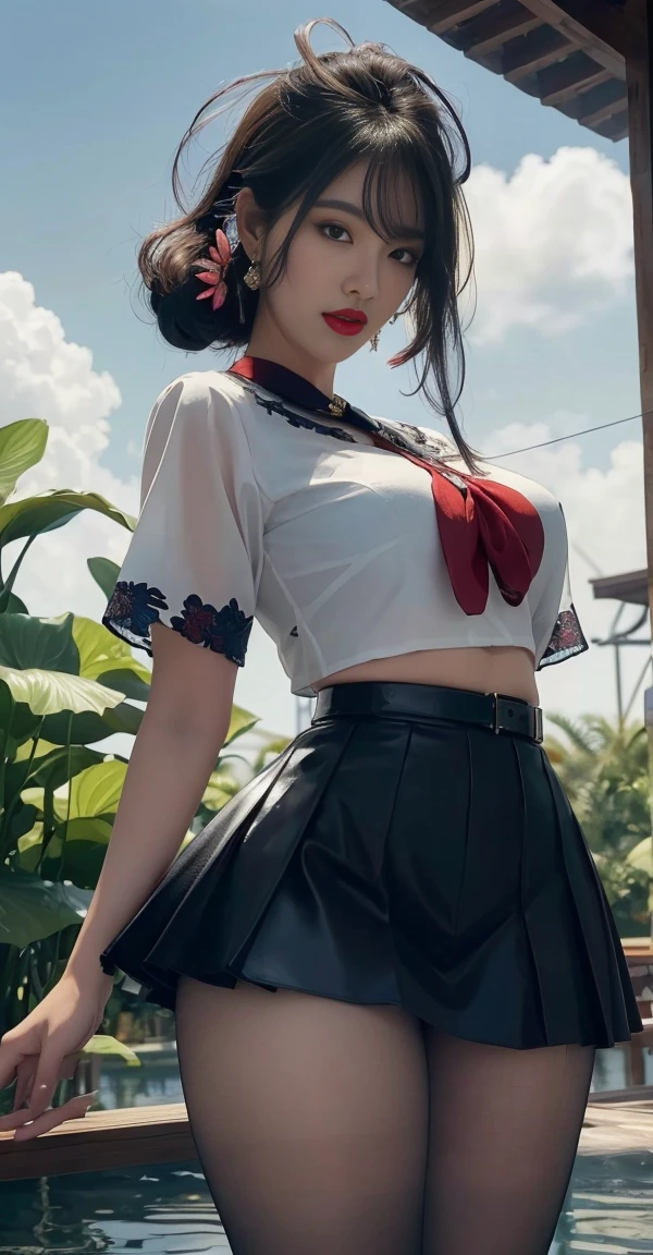 heeled sandals, beautiful landscape, treesA woman wearing a blouse and dark tight skirt, Symmetrical blouse, tight skirt and thin belt, Elegant materials and design, ,cosmetic, (lipstick: 1.1), (Eyeliner: 1.2), mascara, An Asian Japanese woman,super thick thighs, enormous busty,25 years old,big eyes,elegant temperament elegant temperament,(masterpiece:1.2, best quality), Practical, (The true situation,25 years old, Intricate details, Depth of Field), careful, The content is very detailed, This is a perfect face, Perfect body, Large Model, Mature woman, High,8K,best quality, masterpiece, Ultra-high resolution,(lifelike:1.4), original photo, Stay focused, detailed, Dramatic, Exquisite beautiful woman, (tall and straight:1.1),,half butterfly earrings, double ring necklace, (:1.05), (25 years old, : 1.4),Long curly hair, Dynamic angle, (red lips)