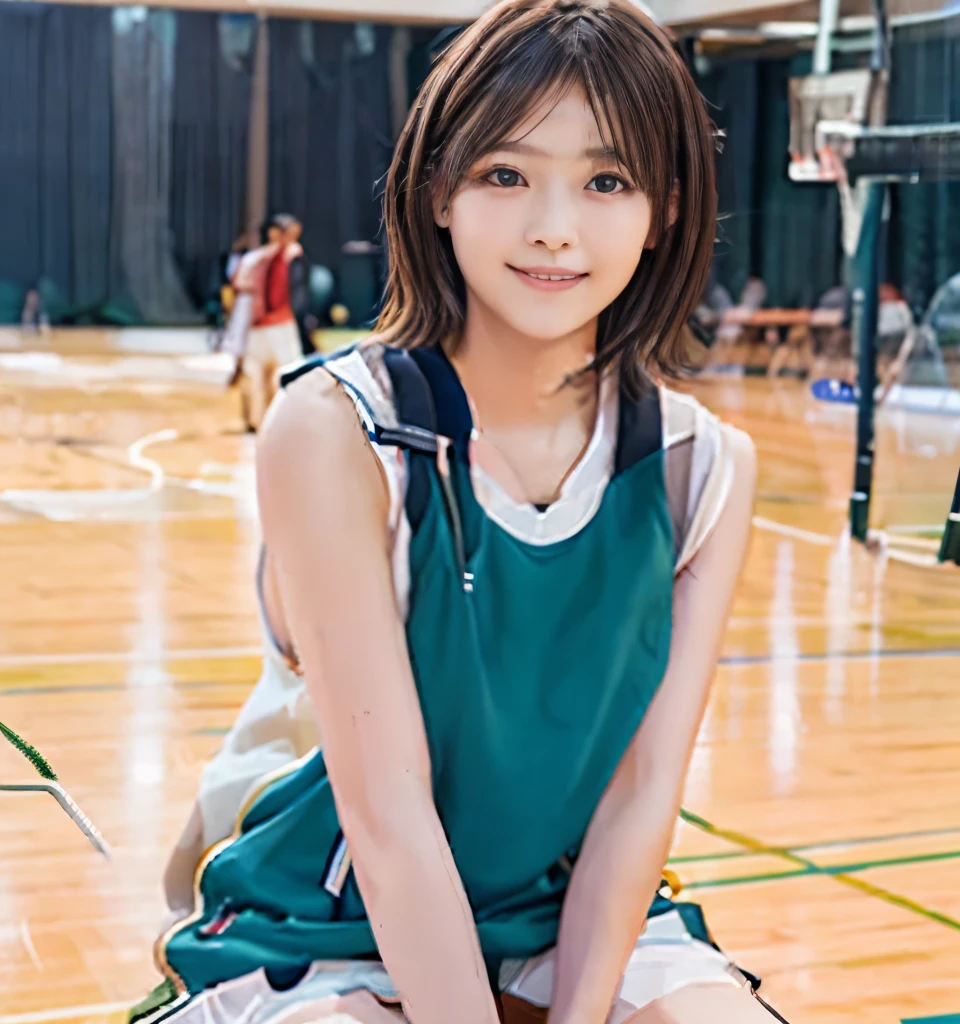 Best image quality、Highest quality、masterpiece、Ultra-high resolution、、immature、Realistic:1.4、Professional Lighting、Cute school girl、The cutest Nishino Nanase、Baby Face、Very short hair、thin、Moderate size chest cup bust、Large erect nipples、smile、(Basketball Player:1.4、School gym:1.6、Sitting on the basketball court)