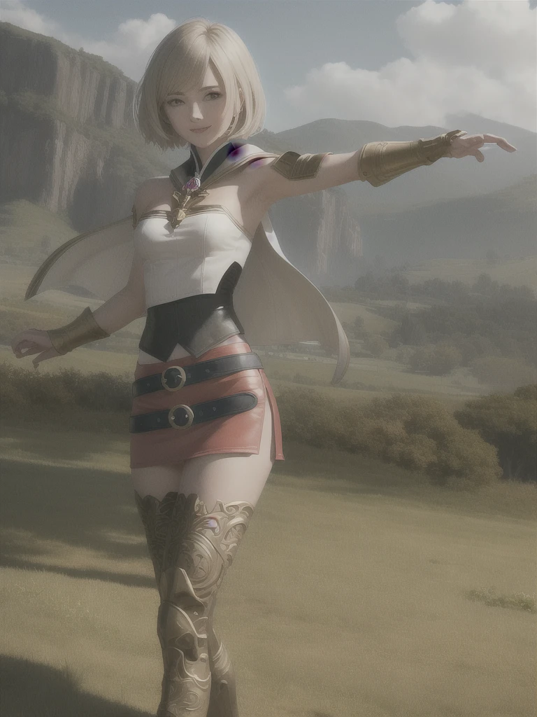 masterpiece, best quality, absurdres, perfect anatomy, 1girl, solo, Ashelia, short hair, AsheliaOutfit, miniskirt, thighhighs, jewelry, belt, standing, full-length, smile, dynamic pose, dynamic angle, outdoors, plains, hills, (fashion model pose)