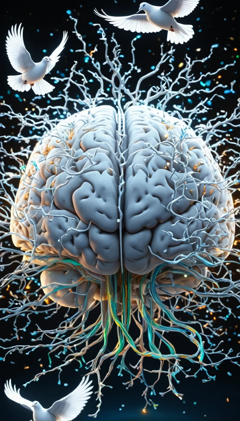 a highly detailed and realistic brain with flying white doves, detailed anatomical structure, bright synapses, healthy neurons, dynamic energy flow, complex neural networks, complex information processing, vibrant colors, cinematic lighting, photorealistic, 8k, (best quality, 4k , 8k, high resolution, masterpiece :1.2),ultradetailed,(realistic,photorealistic,photorealistic:1.37)