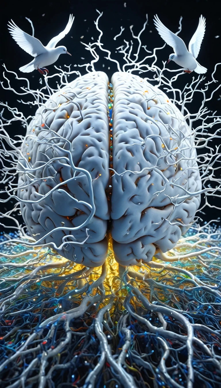 a highly detailed and realistic brain with flying white doves, detailed anatomical structure, bright synapses, healthy neurons, dynamic energy flow, complex neural networks, complex information processing, vibrant colors, cinematic lighting, photorealistic, 8k, (best quality, 4k , 8k, high resolution, masterpiece :1.2),ultradetailed,(realistic,photorealistic,photorealistic:1.37)