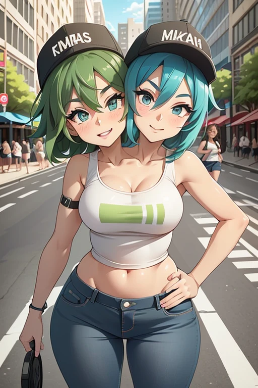 2 heads, a short pudgy woman with 2 heads. Outside on a city street. Wearing a tank top, wearing jeans. Neon hair. Wearing snapback hat. Mature. Happy, smiling. Thin face. Sexy, seductive. Big lips. Adorable. Girlfriend. Happy. Shortstack, midget. Extremely short, tiny. Short arms and legs. High angle, looking up to viewer. POV selfie, taking a selfie.