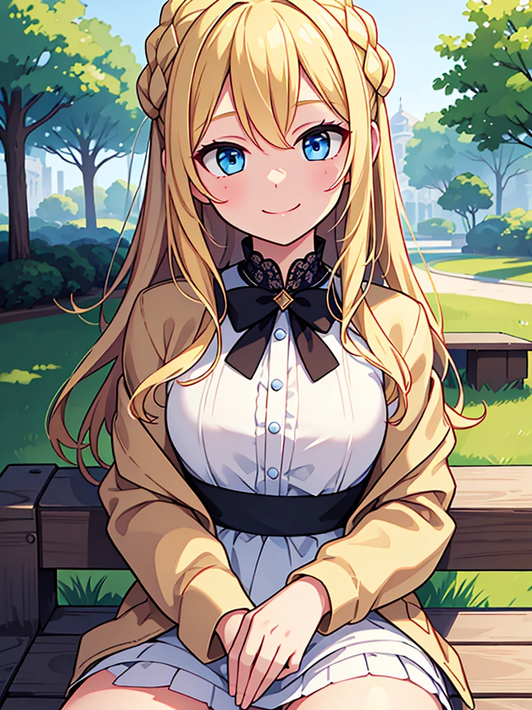 masterpiece, Highest quality, One girl, beautiful, Are you okay, delicate, Very complicated, detailed, Blonde, Jacket, blue eyes, ((masterpiece)), extremely detailed, Highest quality, High resolution, ((at the park)), Bridget, smile,  