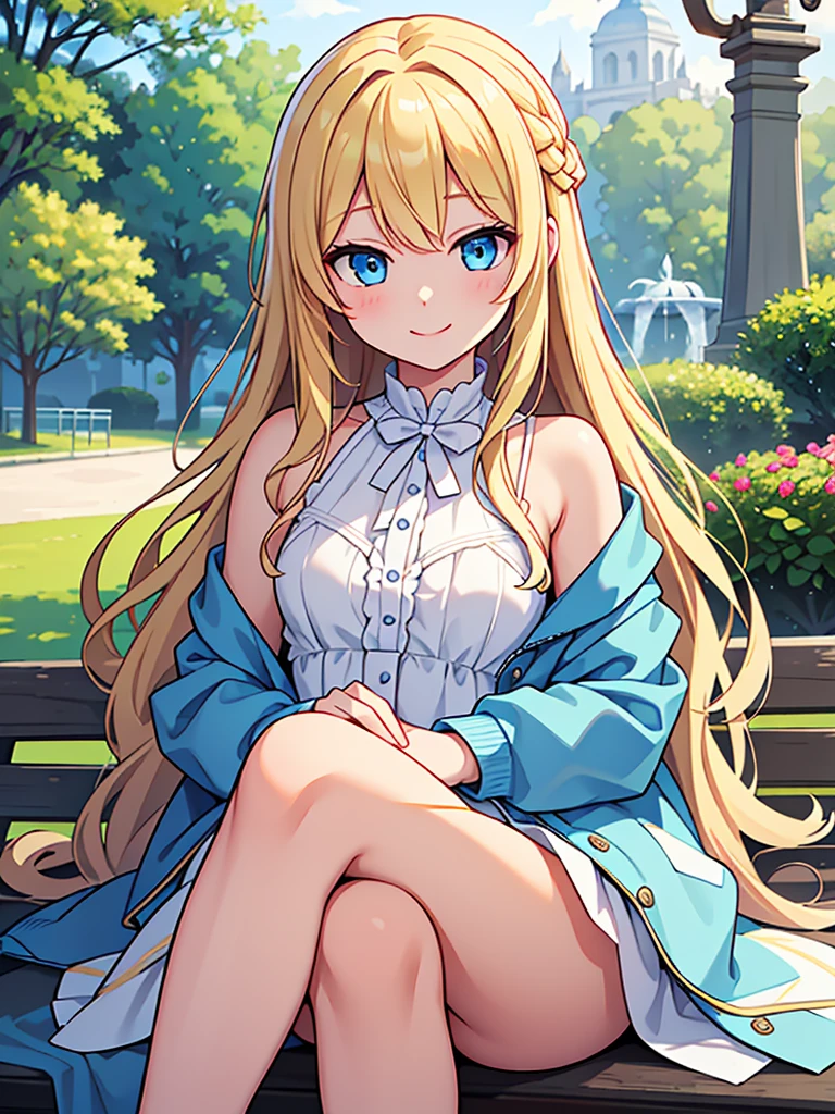 masterpiece, Highest quality, One girl, beautiful, Are you okay, delicate, Very complicated, detailed, Blonde, Jacket, blue eyes, ((masterpiece)), extremely detailed, Highest quality, High resolution, ((at the park)), Bridget, smile,
