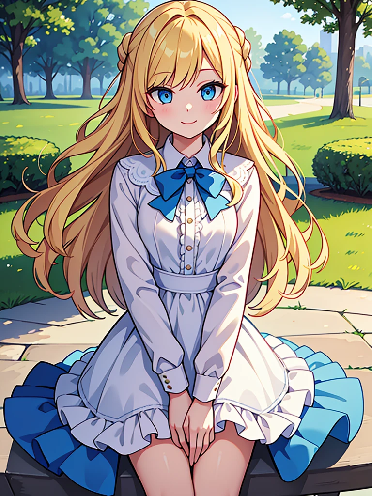 masterpiece, Highest quality, One girl, beautiful, Are you okay, delicate, Very complicated, detailed, Blonde, Jacket, blue eyes, ((masterpiece)), extremely detailed, Highest quality, High resolution, ((at the park)), Bridget, smile,  