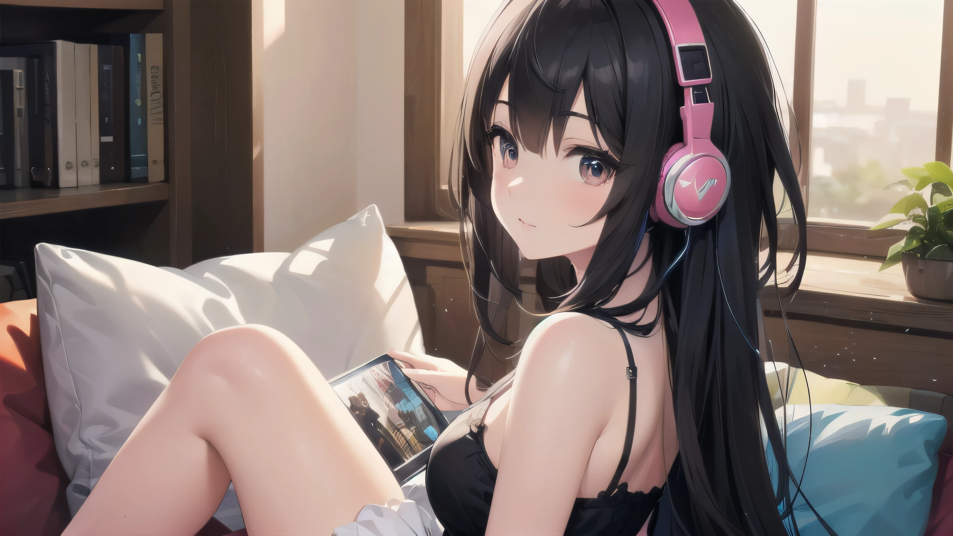 Highest quality, Super quality, 16K, Incredibly absurd, Very detailed, 2.5D, Delicate and dynamic depiction,people、Cute girl with headphones、A cool little wolf by my side