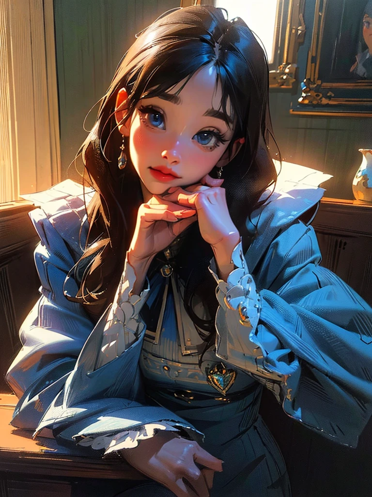 1 girl, beautiful detailed eyes, beautiful detailed lips, extremely detailed face and eyes, long eyelashes, black straight hair, blue eyes, pretty, sitting on a chair, voluptuous, big chest, skinny but curvy, wearing a puffy sleeved uniform, jewelry, 3D, (best quality,4k,8k,highres,masterpiece:1.2),ultra-detailed,(realistic,photorealistic,photo-realistic:1.37), dramatic lighting, vibrant colors, intricate details, elegant, fantasy, concept art