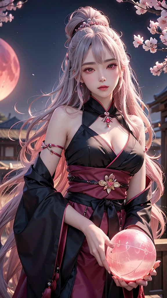 (Holding a glowing crystal ball in both hands)),Positive,Front composition,Upper Body,((Watching the audience)),Luxurious red and black kimono,Cherry blossom hair accessory,Long, silvery hair,Cherry blossom hair accessory,Beautiful and delicate face,blush,cherry pink eyes,big eyes,Extremely fine resolution,Top quality,(Pink Moon),mysterious,Cherry Blossoms at Night