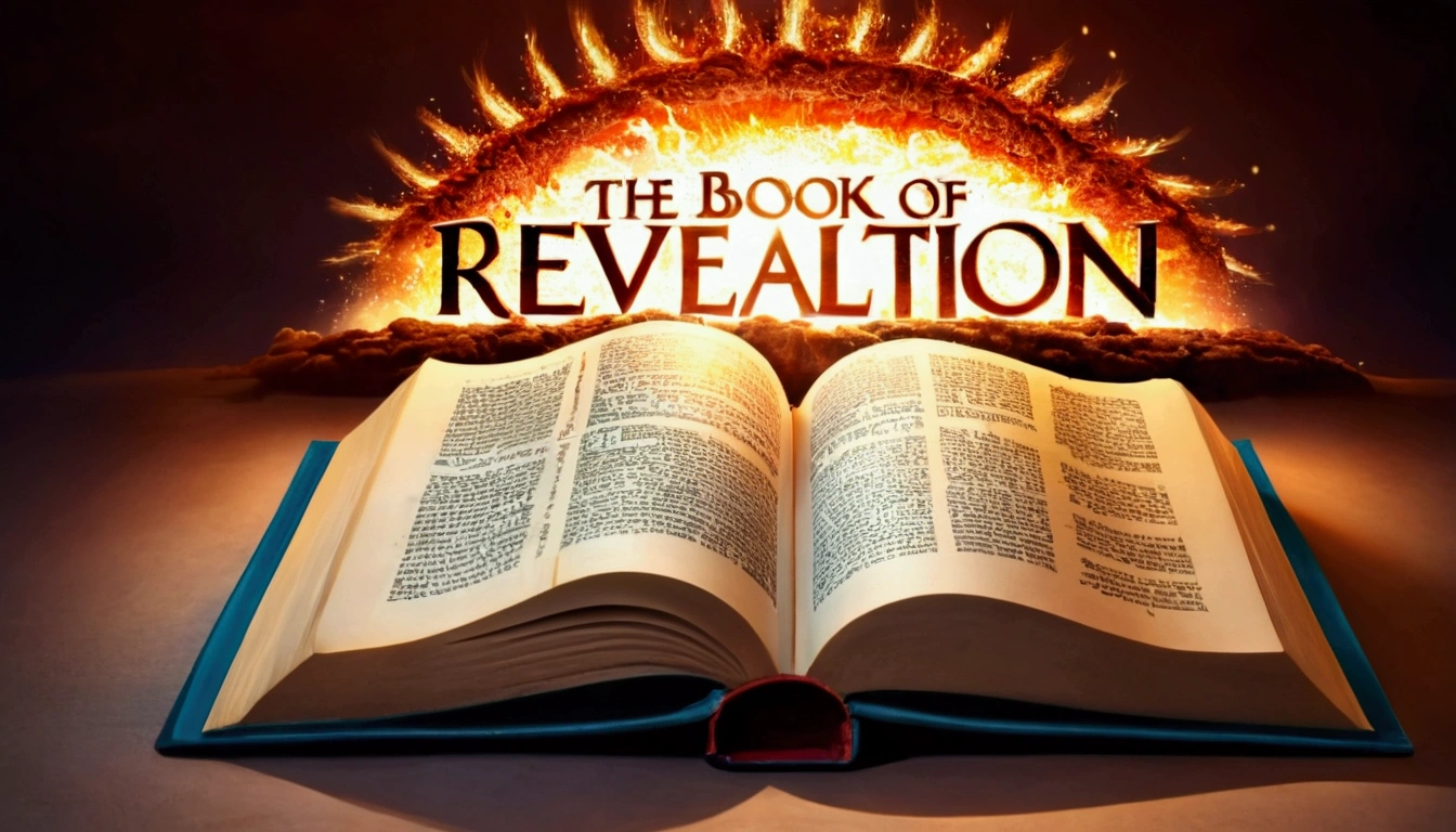 The book of revelation being half way opened and written over it as a title of the picture "The conclusion and the beginning of the book of Revelation"