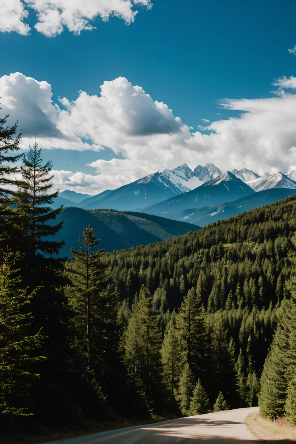 Landscape with mountains, broadcast, pine trees and clouds