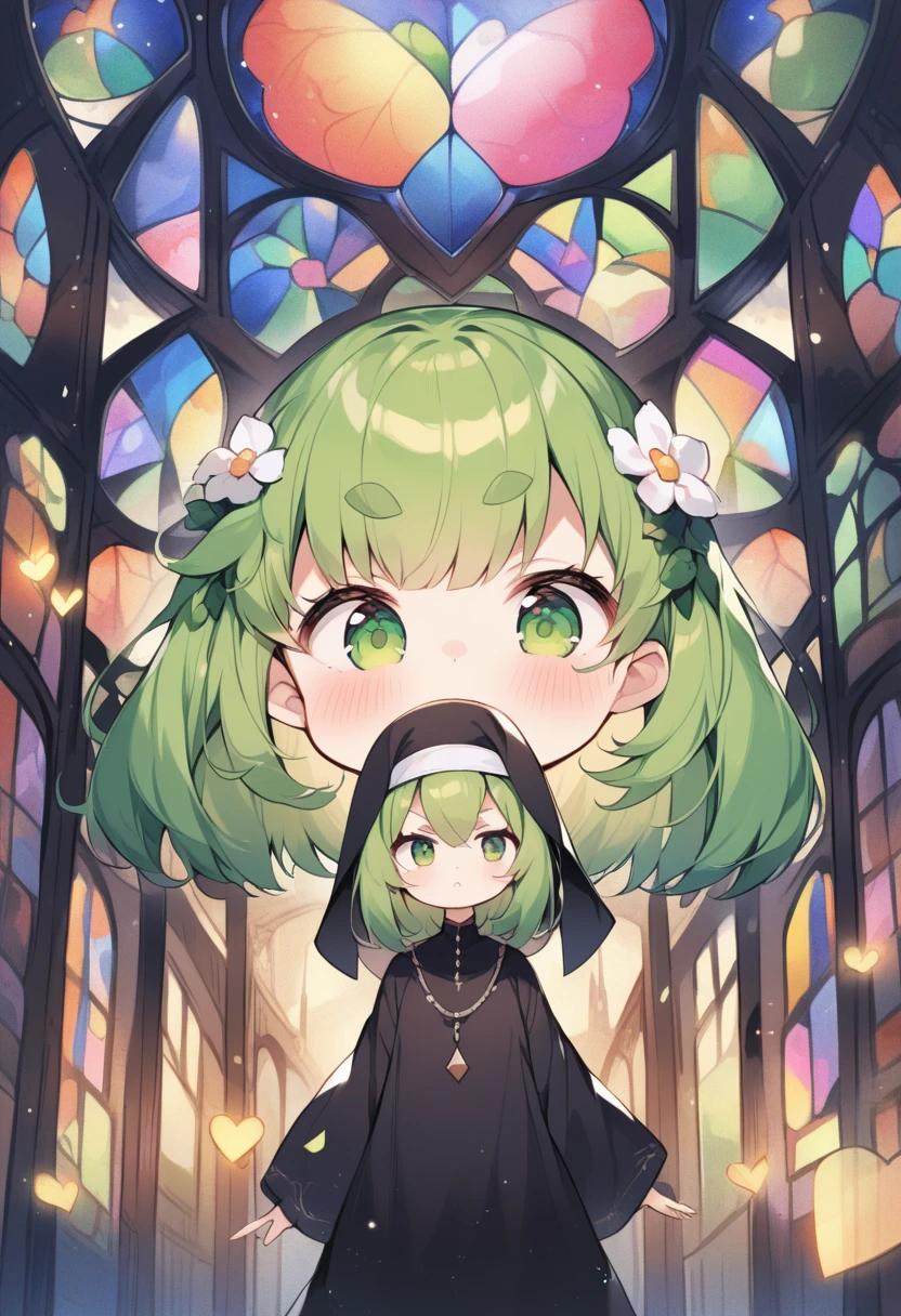 (loli:1.4),(little female child:1.4), cute face, 6 years old,kawaii, (highlight on eyes:1.1), small breast, (jiggly:0.8), shiny skin,(mini girl:1.5),
BREAK
(green maro eyebrows:1.3), :<, (jitome:1.1),pouty and slightly grumpy,(medium green hair:1.2),pout,disgusted eyes, green eyes, puffy eyes,
BREAK
breathtalking Scenery, breathtalking Beauty, breathtalking Cute,scenery, (best quality, masterpiece:1.2), (ultra high quality:1.2),smooth soft skin, natural skin,watercolor,
BREAK
floral point black nun dress, nun veil,choker,excessive detailed collarbone,bare collarbone, long hem,wide shot,long shot,dynamicangle,
BREAK
(multi-layered flower shaped stained glass),(stain glass inspired by leaf mark), (rose shaped stained glass),(music note effect fused with stained glass),(heart shaped Church windows),nature theme,(Giant stained glass leaf),(Multiple stained glass musical note),Atrium structure,ceiling,tiffany,dust particles,