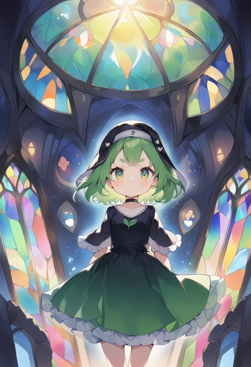 (loli:1.4),(little female child:1.4), cute face, 6 years old,kawaii, (highlight on eyes:1.1), small breast, (jiggly:0.8), shiny skin,(mini girl:1.5),
BREAK
(green maro eyebrows:1.3), :<, (jitome:1.1),pouty and slightly grumpy,(medium green hair:1.2),pout,disgusted eyes, green eyes, puffy eyes,
BREAK
breathtalking Scenery, breathtalking Beauty, breathtalking Cute,scenery, (best quality, masterpiece:1.2), (ultra high quality:1.2),smooth soft skin, natural skin,watercolor,
BREAK
floral point black nun dress, nun veil,choker,excessive detailed collarbone,bare collarbone, long hem,wide shot,long shot,dynamicangle,
BREAK
(multi-layered flower shaped stained glass),(stain glass inspired by leaf mark), (rose shaped stained glass),(music note effect fused with stained glass),(heart shaped Church windows),nature theme,(Giant stained glass leaf),(Multiple stained glass musical note),Atrium structure,ceiling,tiffany,dust particles,