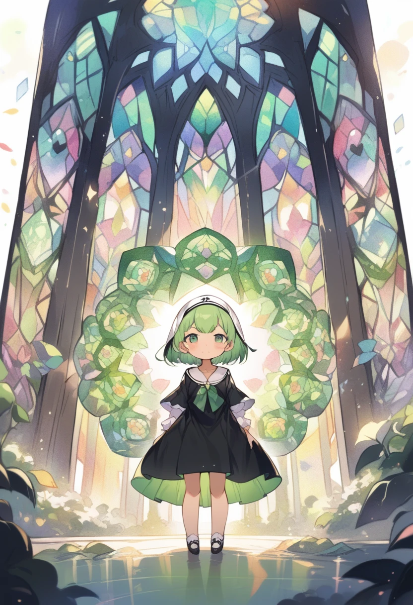 (:1.4),(little female child:1.4), cute face, 6 yeaii, (highlight on eyes:1.1), small breast, (jiggly:0.8), shiny skin,(mini girl:1.5),
BREAK
(green maro eyebrows:1.3), :<, (jitome:1.1),pouty and slightly grumpy,(medium green hair:1.2),pout,disgusted eyes, green eyes, puffy eyes,
BREAK
breathtalking Scenery, breathtalking Beauty, breathtalking Cute,scenery, (best quality, masterpiece:1.2), (ultra high quality:1.2),smooth soft skin, natural skin,watercolor,
BREAK
floral point black nun dress, nun veil,choker,excessive detailed collarbone,bare collarbone, long hem,wide shot,long shot,dynamicangle,
BREAK
(multi-layered flower shaped stained glass),(stain glass inspired by leaf mark), (rose shaped stained glass),(music note effect fused with stained glass),(heart shaped Church windows),nature theme,(Giant stained glass leaf),(Multiple stained glass musical note),Atrium structure,ceiling,tiffany,dust particles,
