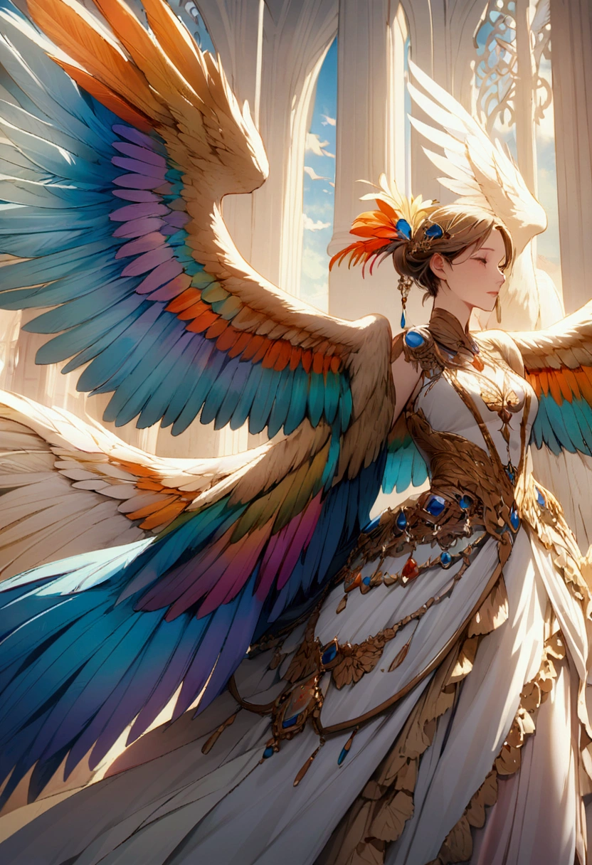 Feathers of every color imaginable, adorning the wings of majestic birds in flight, creating a breathtaking display of nature's beauty.