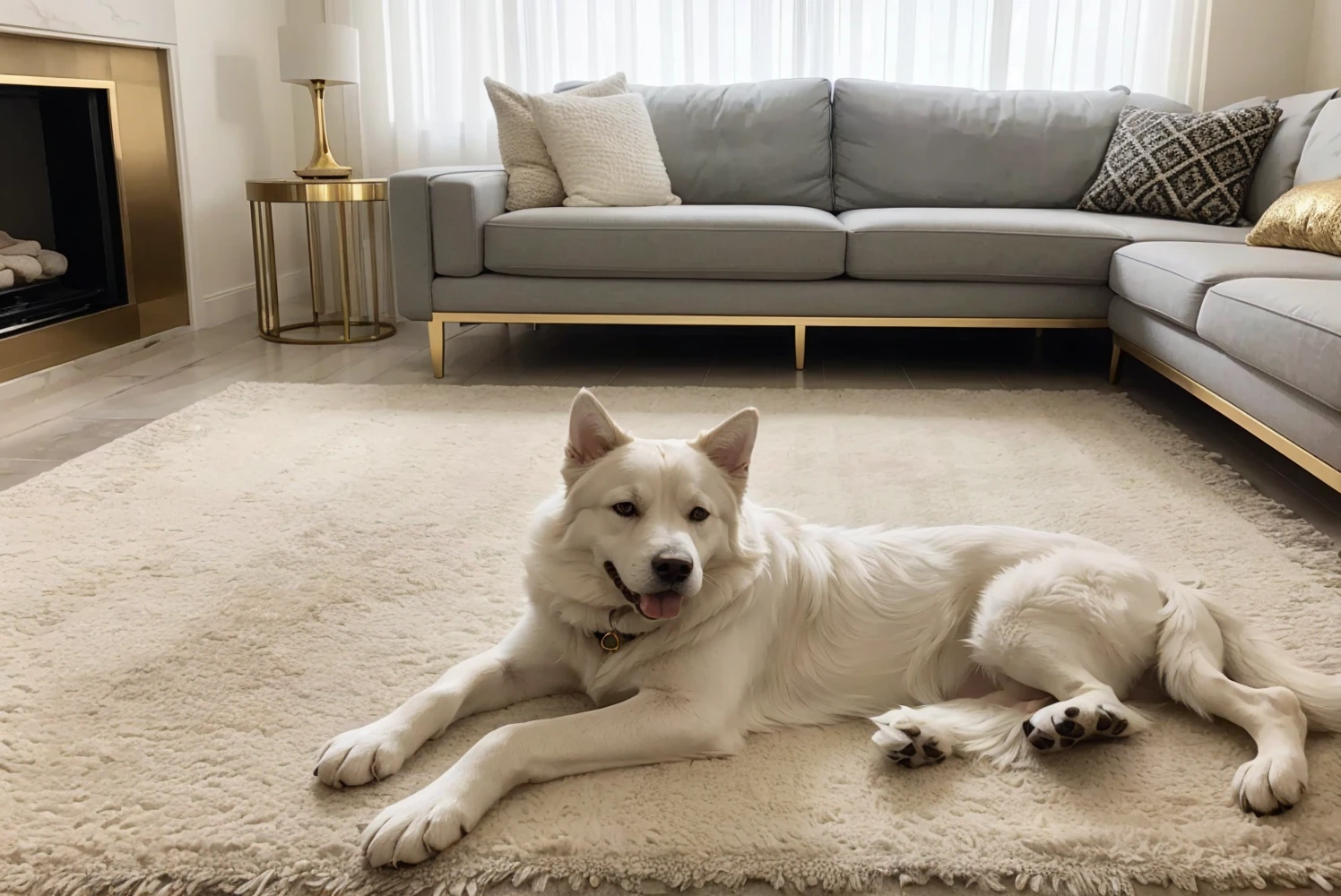 a photo of an elegant dog laying on the floor in a well furnished living room. The furniture in the room is mostly white with some background items having gold accents