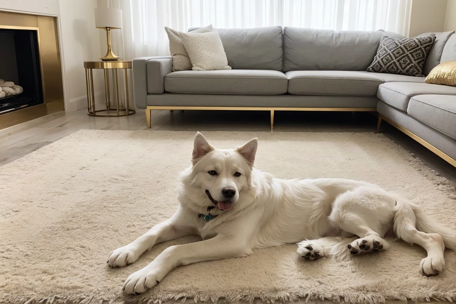 a photo of an elegant dog laying on the floor in a well furnished living room. The furniture in the room is mostly white with some background items having gold accents