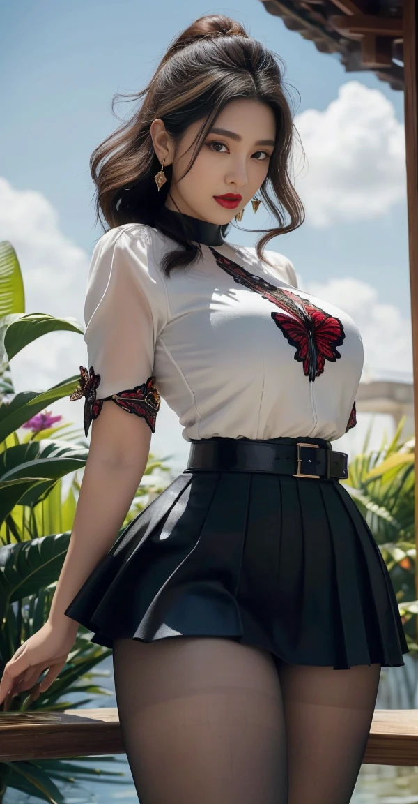 heeled sandals, beautiful landscape, treesA woman wearing a blouse and dark tight skirt, Symmetrical blouse, tight skirt and thin belt, Elegant materials and design, ,cosmetic, (lipstick: 1.1), (Eyeliner: 1.2), mascara, An Asian Japanese woman,super thick thighs, enormous busty,25 years old,big eyes,elegant temperament elegant temperament,(masterpiece:1.2, best quality), Practical, (The true situation,25 years old, Intricate details, Depth of Field), careful, The content is very detailed, This is a perfect face, Perfect body, Large Model, Mature woman, High,8K,best quality, masterpiece, Ultra-high resolution,(lifelike:1.4), original photo, Stay focused, detailed, Dramatic, Exquisite beautiful woman, (tall and straight:1.1),,half butterfly earrings, double ring necklace, (:1.05), (25 years old, : 1.4),Long curly hair, Dynamic angle, (red lips)