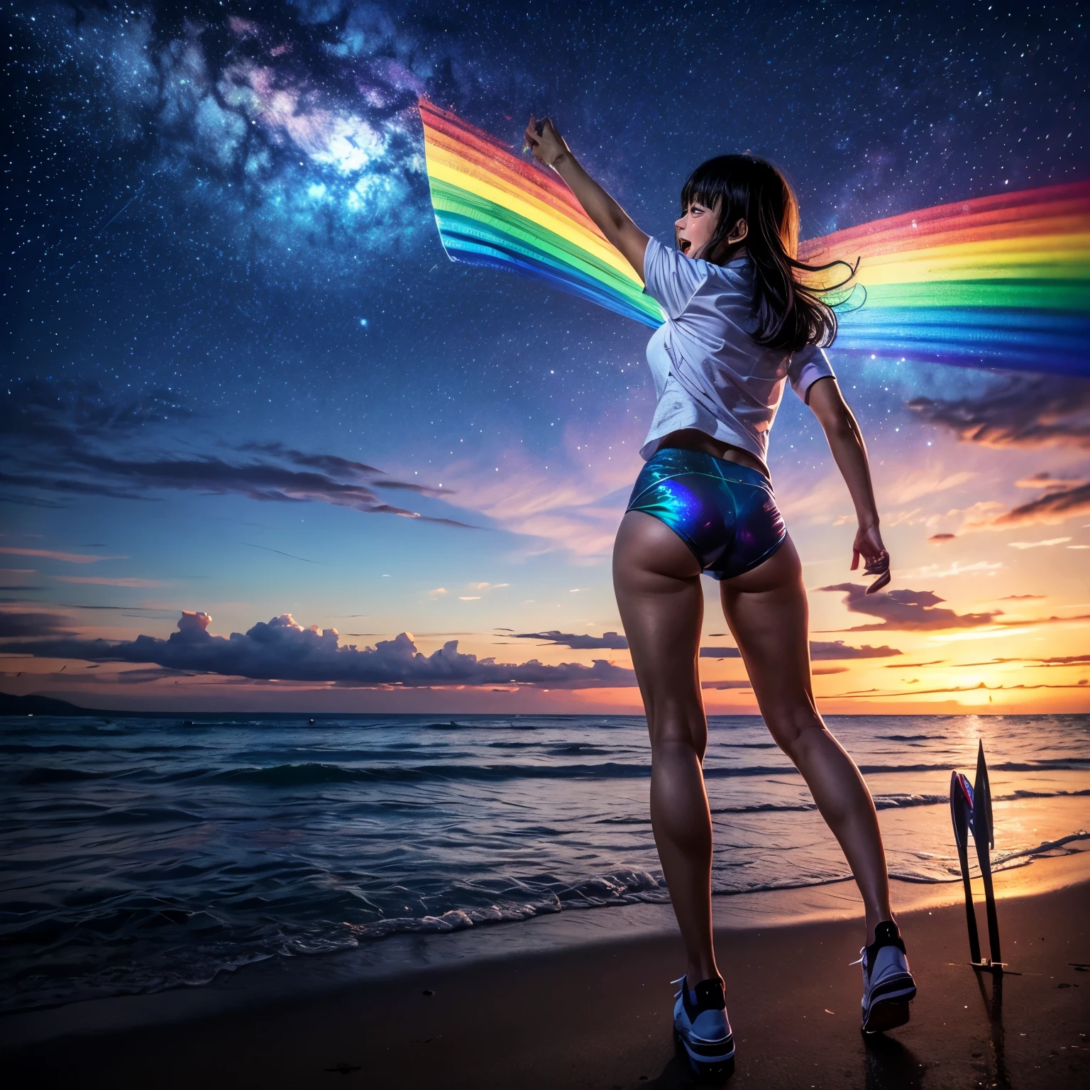 ((ExtremelyDetailed ( KAWAII Girl flying with Jet blade:1.37) in WHITE at Dusk Enoshima Beach)), (masterpiece 8K TopQuality) (ProfessionalPhoto:1.37), {(Standing Full Body:1.2)|(from below:1.2)}, Different types of hair colors, {(White skinny(School Swimwear))|(SchoolUniform)}, {Detailed Childish hand|Hidden hand|Armpit|Different types of breasts of various sizes from HUGE to FLAT|(Clearly Visible the shape of Butt)}, Joyful Expressions LifeLike Rendering, PerfectLighting, Dazzling RainbowColorHorizon, (Starry IridescentParticles:1.32) ColorfulClouds