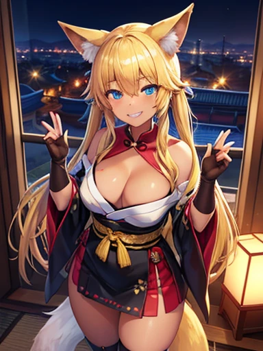 (Front Focus),(In the Dark:1.6), (masterpiece, Highest品質, Highest, Official Art, beautifully、aesthetic:1.2), Game CG, Extremely detailed and realistic CG, colorful, masterpiece, Highest品質, Jewel-like eyes, One girl, alone, (Blonde:1.5), Shiny Hair, Very long straight hair, Twin tails, thin, thin脚, Fox Girl, Japanese Shrine Maiden Costume, Black Shrine Maiden Clothes, mini skirt, Succubus Boots, Aqua blue eyes, Large Breasts, Saggy breasts, Cleavage, black elbow gloves, latex, Grin, smile, Jig eyes, Juru, Half-closed eyes, tsurime, hotel bedroom background, From a viewpoint, Highest quality eyes, Sharp teeth, Tsundere, Are standing, Contrasting, Raise the hand, (Dark Skin:1.0), Fox Ears, Fox's Tail, mesugaki, teasing, Conceit, pretty girl, , Open your mouth, tooth, Sticking out tongue, Pointed Ears, Pink Heart Tattoo, (Sharp focus:1.2), thin腕, thin脚, overview, Last, Bitch, Dark Skin, Dark Skin,