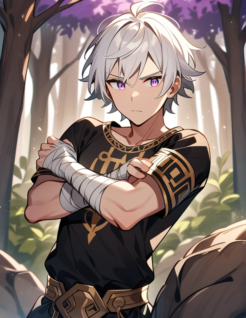 Greek boy with white hair, violet eyes, wearing an all-black Greek shirt with small gold details, with his arms covered in bandages, pushing a large stone with his arms, with a red forest of dry trees in the background