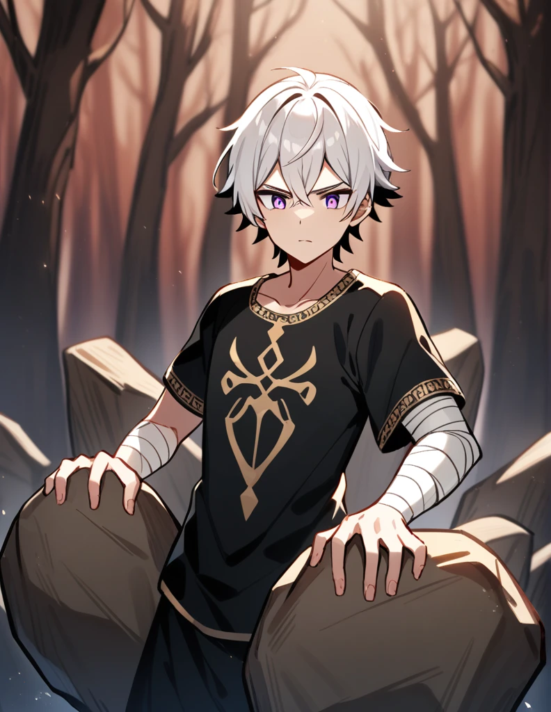 Greek boy with white hair, violet eyes, wearing an all-black Greek shirt with small gold details, with his arms covered in bandages, pushing a large stone with his arms, with a red forest of dry trees in the background
