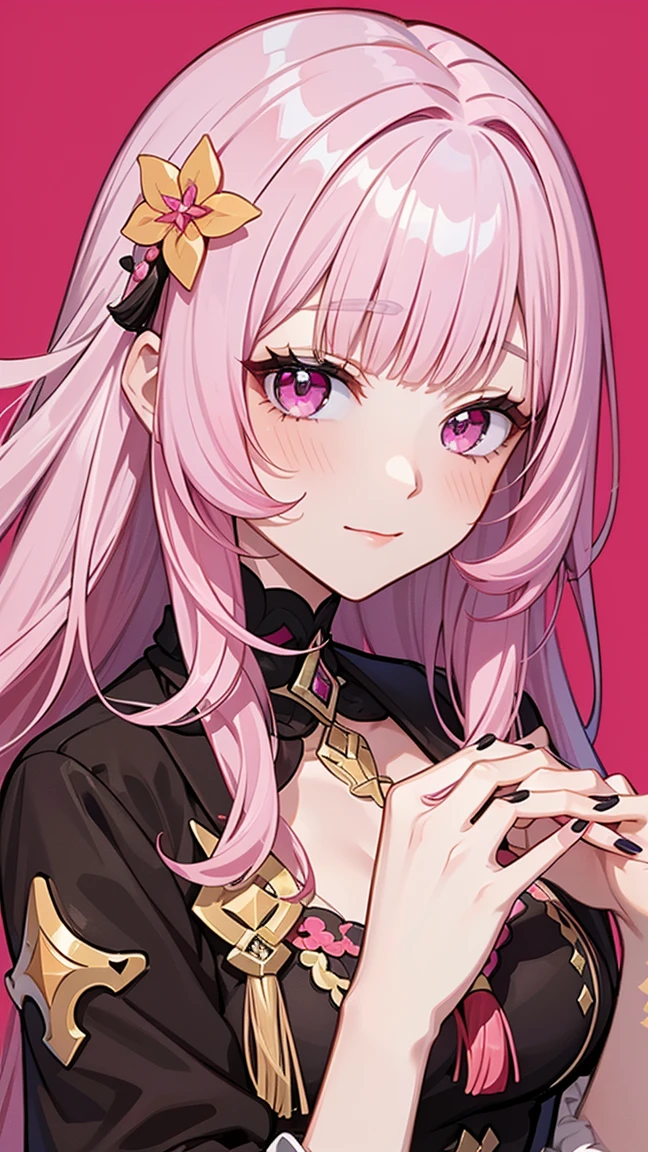 Masterpiece, top quality, one girl, alone, looking at viewer, bangs, elisia, honkai impact, pink hair, pink eyes, long hair, manicure, hair ornament, holding up hand, flower, blunt bangs, closed mouth, tassel, portrait, colorful, red background, ruffles, multi colored hair, upper body, nails
