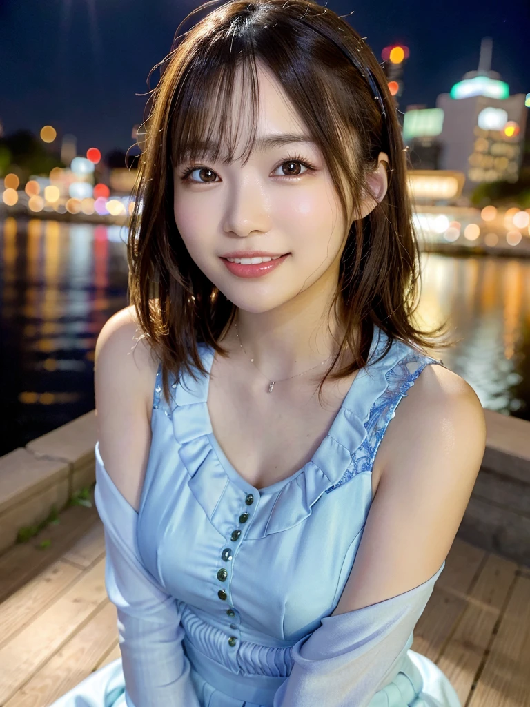 (skin blemish:1.2), (skindentation), black eye, 1woman, 25yo, (((woman))), solo, realistic, best quality, photorealistic, masterpiece, 8k, high res, solo, extremely detailed face, (professional lighting, bokeh), (light particles, lens flare, glowing particles:0.6), (dynamic pose:1.2), soft lighting, top angle view, fashionable and trendy atmosphere, japan, street, tokyo, harbour, skytree, tokyo tower,  ((daytime)), sky, ((looking at the viewer:1)), (looking at the camera),(portrait:0.6), cowboy shot, gorgeous, standing, keep original facial proportion, wide shoulder, full body, (medium breast), (medium hair), brown hair, floating hair, lips, lipstick, seductive smile, floating hair, smile, open_mouth, teeth, blouse, (flowery pattern summer dress:1), eyelashes, mole, (mole under eye:1),