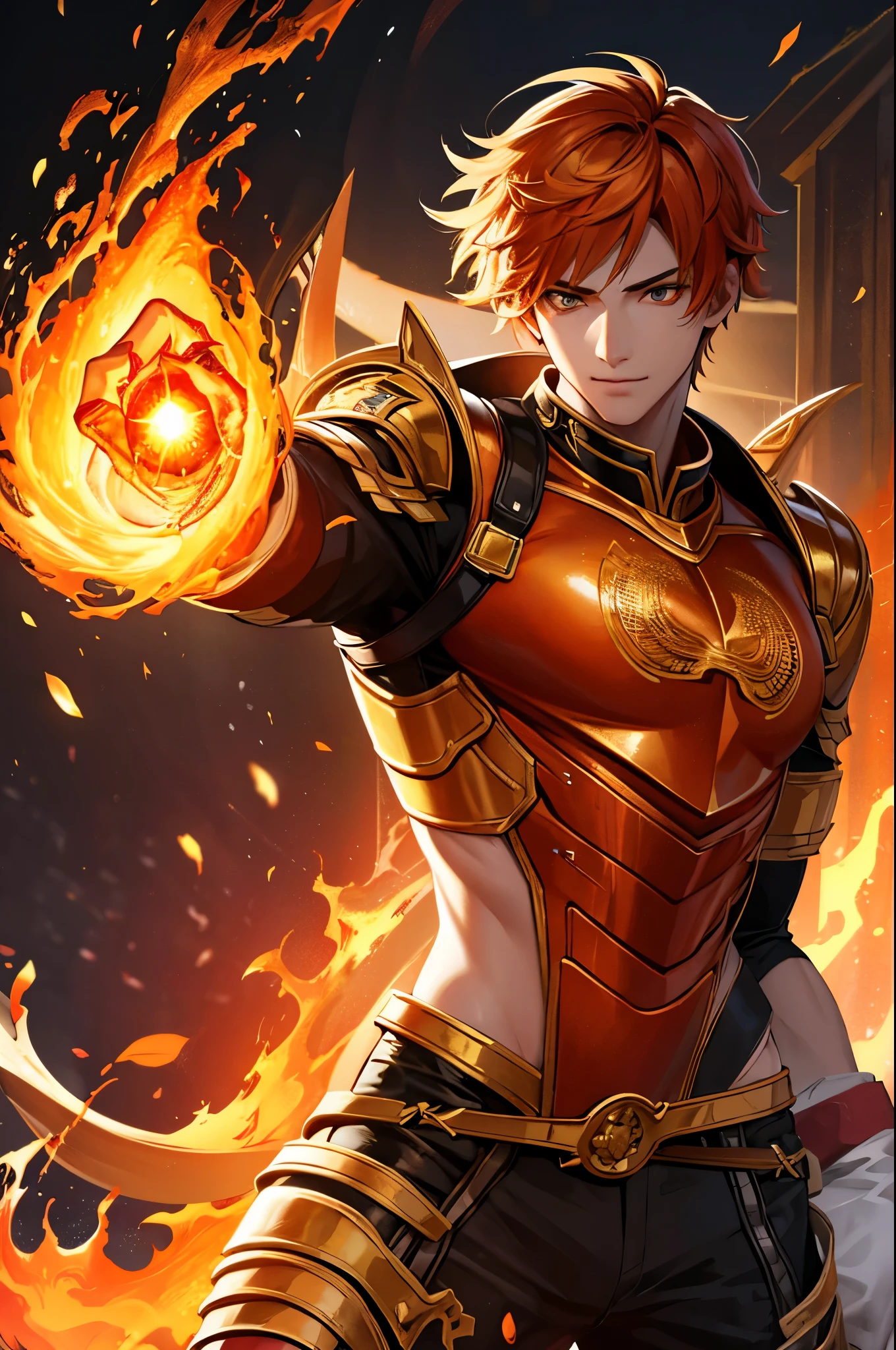 8K,A very young boy, the God of Fire, clothed in the energy of a 16-year-old.,Super handsome(Like the real thing),He looks at the audience with a fearless smile.,Orange Hair,Orange Flame Armor(Fire God Crest),Orange Flame Gauntlet(Fire God Crest),Orange Flame Leg Guards(Fire God Crest),Dark and desolate land,Photorealistic RAW photos of the highest quality。Bright colors,Rich colors, Backlight, Cinema Lighting, Film Grain, 50mm lens, Nikon D850,Realistic Skin,Fantasy art,Character Art,Ultra-high resolution,Realistic Skin,Extremely strong and defined abs,bulging muscles,A 16-year-old boy who is the god of fire,Golden Eyes,Black Flame God Outfit(Orange flame emblem filigree),
