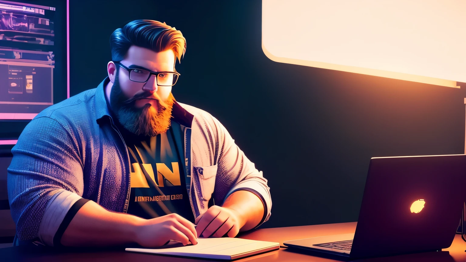 max , a macho big geek , with a hipo beard sitting at a table with a laptop and a microphone, unsplash, realism, , in a streamer studio room, neon ambiance , looking to camera, portrait shot 8 k, photo portrait, looking towards the camera , ultra detail, high resolution, ultra detailed, best quality, amazing, top quality, extremely detailed CG unity 8k wallpaper, cinematic lighting.
