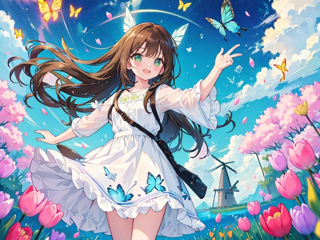 kawaii, anime, Cute, hyper quality, highly detailed, 16k, Front facing, Clarity, smile, girl, dark brown long hair, green eyes, highlight on eyes, Netherlands, windmill, tulip field, breeze, petals dance, white dress, feather backpack, brown bird flies, blue sky, open your mouth and laugh, the skirt flaps, Uplifting, light effects, Brightly colored effects, butterflies dance, wet tulips, Inciting point of view, aurora effect, Powder of light dances, clear blue sky, tulips waving in the wind, Shining eyes, finger heart, tulip, water flows, 	