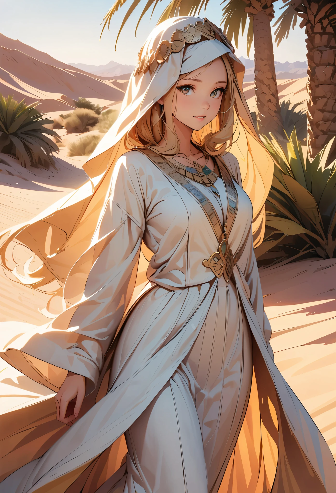 Beautiful young woman, Desert Princess, Sharp Eye, Delicate facial features, Abaya hides the body lines, Hijab to cover hair, flowing robe, Intricate Jewelry, Ornate headdress, Desert Landscape, Sunny, Golden Dunes, oasis, Palm tree, Dramatic lighting, Cinematic, Digital illustration, 8K, high quality, Super detailed.