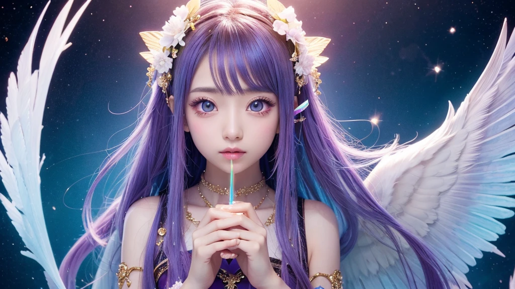 lightbrown hair、Intense crystal light blue eyes、耳Nipple Ring、kawaii、Pale pink color illustration、(Angel wings、😇、a smile、😌🥰Archaic Smile).hyper realstic、Ultra-realistic、Depiction of the human body without distortion、Monna Lisa、Woman in the Arms、Near and far law、Three-dimensional、Contemporary painting、moderno、world masterpiece、collection、Homage to the art or artist work of Picasso and Renoir, Not sentimental、Excellent portrayal、Gentle expression、More detailed character faces, Serious competition、Compositions like paintings、(Konmutsuki_Gacha_Series 1, punk_rosette), Realistic、Delicate brushwork、aqua color flowers, (Full body, elegant flowers background)